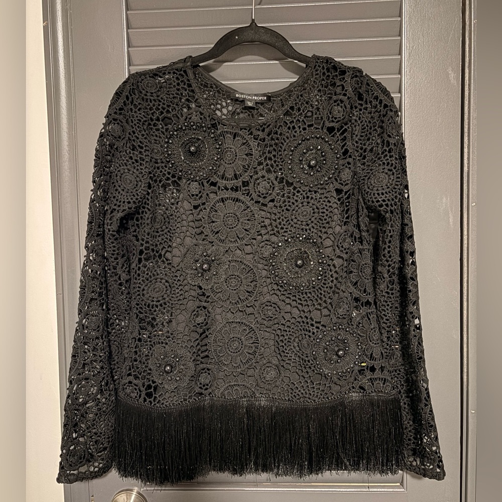 Boston Proper Black Beaded Crochet Fringe Top